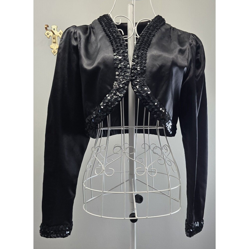 Vintage 80's Black Shrug Disco Sequins Long Sleeve Satin M Medium-Y2K-90's-Retro